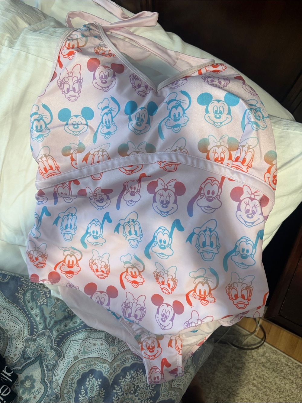 Disney Pink One-Piece Swimsuit with Rainbow Character Faces